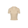 Pull manche courte col V polo coton côtelé beige crochet