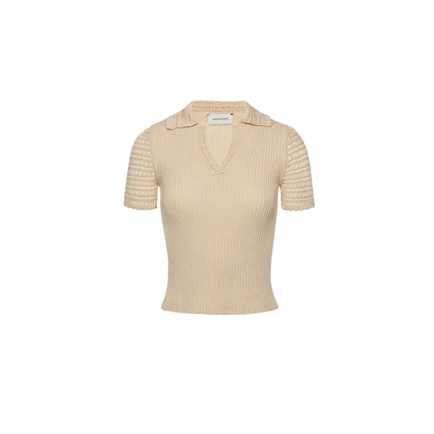 Pull manche courte MAGDA BUTRYM col V polo coton côtelé beige crochet