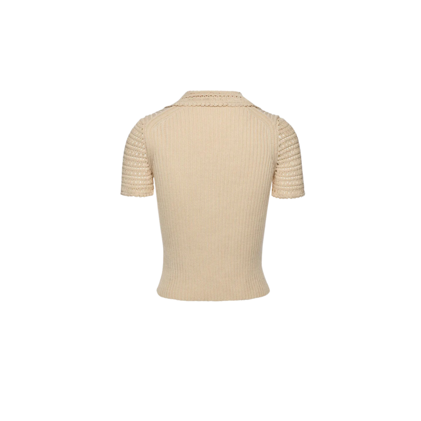 Pull manche courte MAGDA BUTRYM col V polo coton côtelé beige crochet