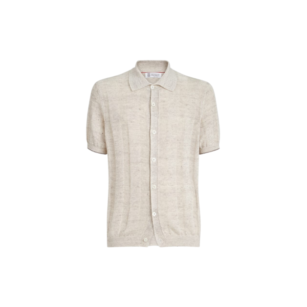BRUNELLO CUCINELLI Chemise pull boutonné manche courte maille lin coton côtelé beige