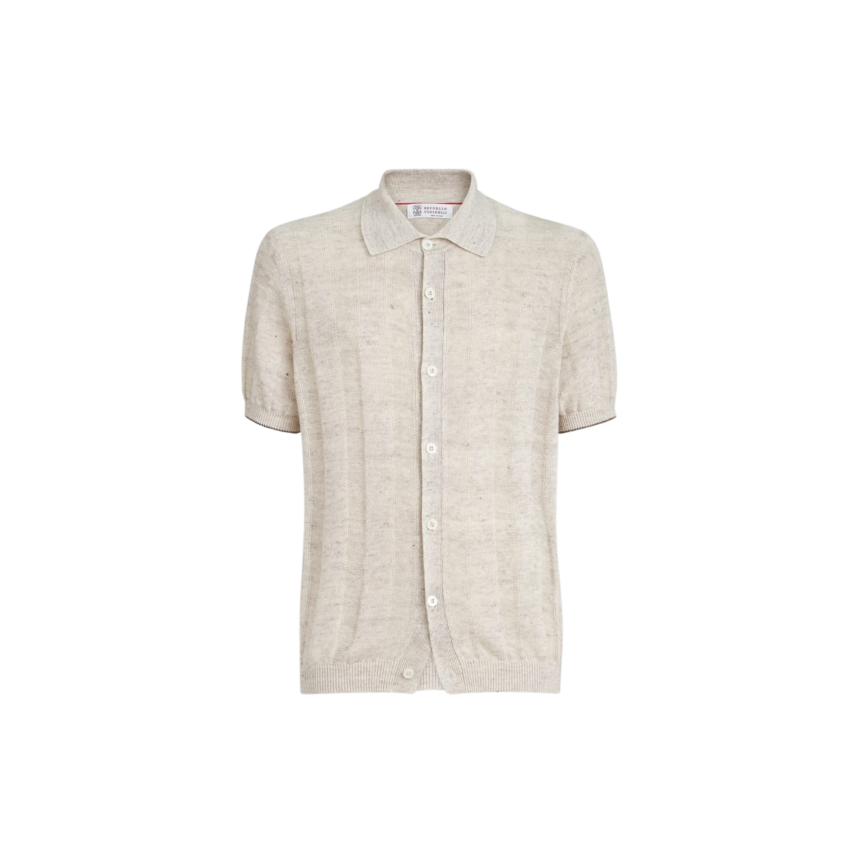 BRUNELLO CUCINELLI Chemise pull boutonné manche courte maille lin coton côtelé beige