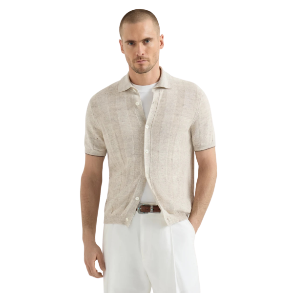BRUNELLO CUCINELLI Chemise pull boutonné manche courte maille lin coton côtelé beige