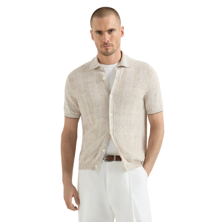 BRUNELLO CUCINELLI Chemise pull boutonné manche courte maille lin coton côtelé beige