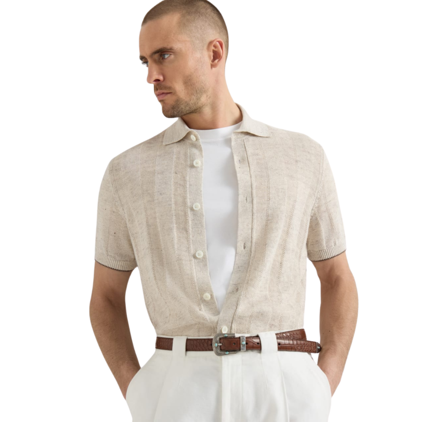BRUNELLO CUCINELLI Chemise pull boutonné manche courte maille lin coton côtelé beige