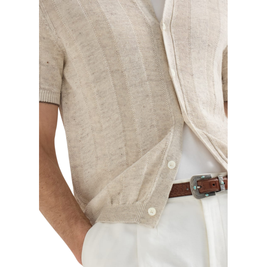 BRUNELLO CUCINELLI Chemise pull boutonné manche courte maille lin coton côtelé beige