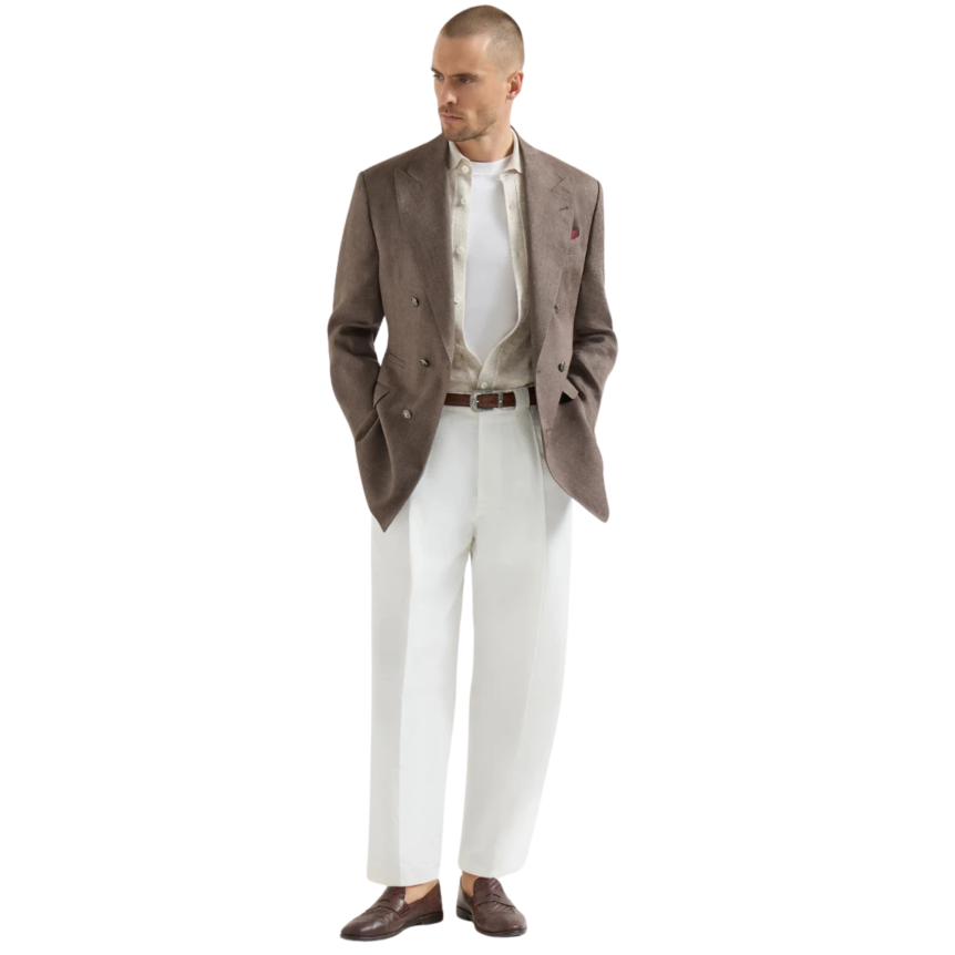 BRUNELLO CUCINELLI Chemise pull boutonné manche courte maille lin coton côtelé beige