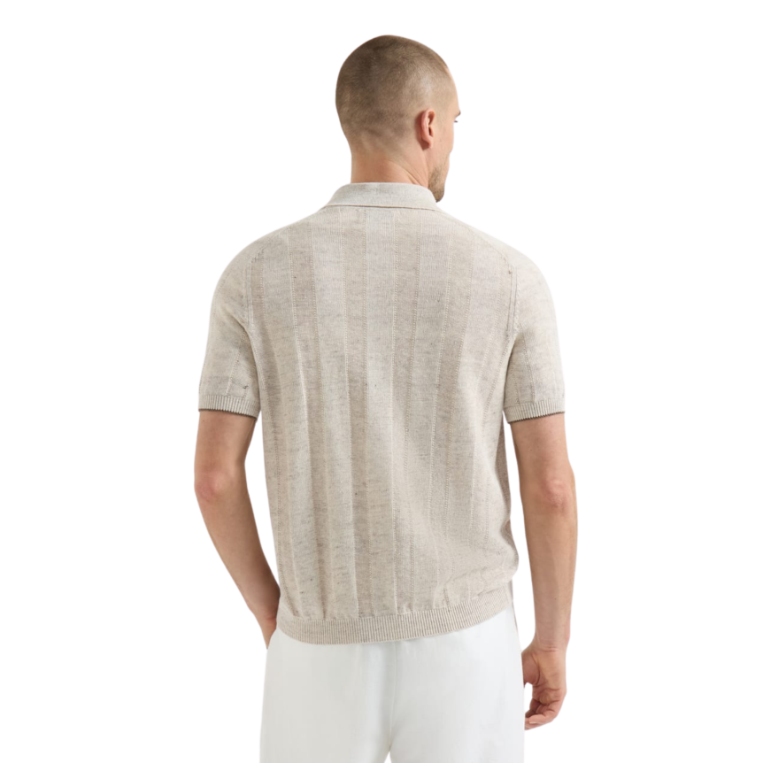 BRUNELLO CUCINELLI Chemise pull boutonné manche courte maille lin coton côtelé beige
