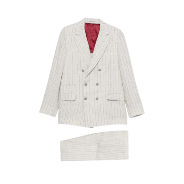 Costume croisé BRUNELLO CUCINELLI lin beige rayures tennis gris