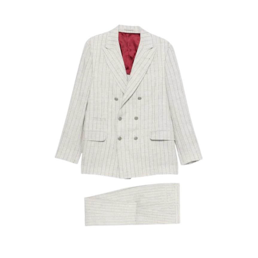 Costume croisé BRUNELLO CUCINELLI lin beige rayures tennis gris