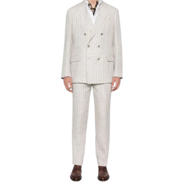 Costume croisé BRUNELLO CUCINELLI lin beige rayures tennis gris