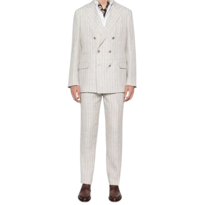 Costume croisé BRUNELLO CUCINELLI lin beige rayures tennis gris