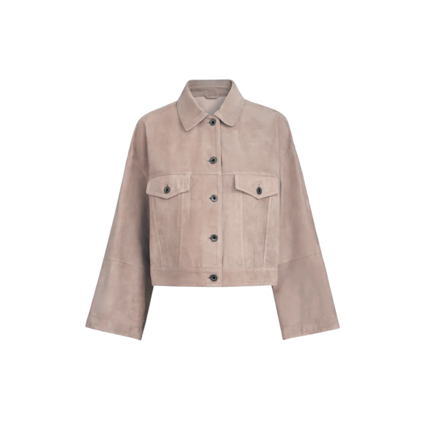 Blouson court à bouton BRUNELLO CUCINELLI cuir suède marron taupe