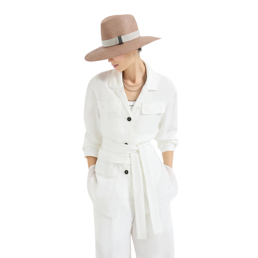 Veste à bouton saharienne BRUNELLO CUCINELLI viscose lin blanc ceinture