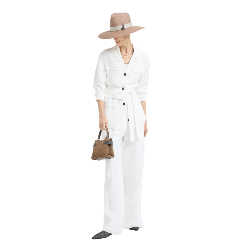 Veste à bouton saharienne BRUNELLO CUCINELLI viscose lin blanc ceinture