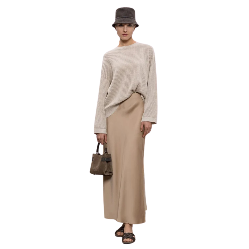 Jupe longue fendue BRUNELLO CUCINELLI acétate soie beige noisette