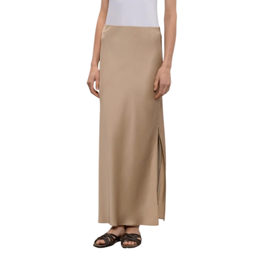 Jupe longue fendue BRUNELLO CUCINELLI acétate soie beige noisette