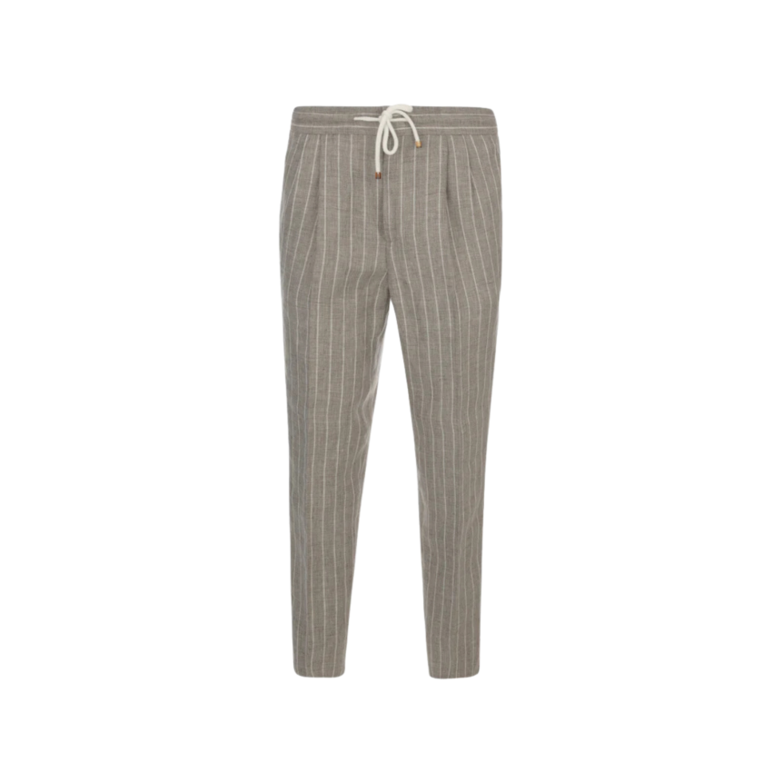 Pantalon lin BRUNELLO CUCINELLI beige rayures Tennis taille élastique cordon