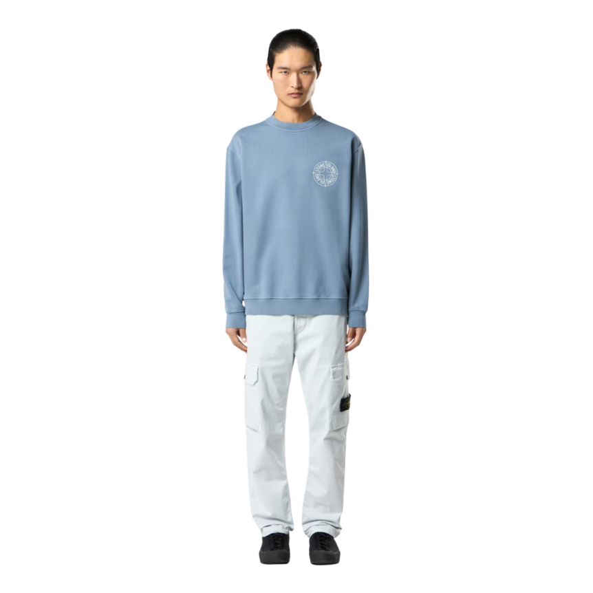 Sweat-shirt col rond coton bleu jeans imprimé « Outline Compass » boussole dos blanc