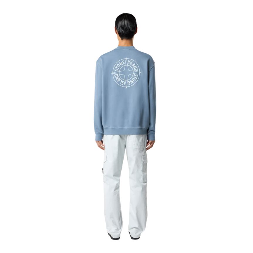 Sweat-shirt col rond coton bleu jeans imprimé « Outline Compass » boussole dos blanc