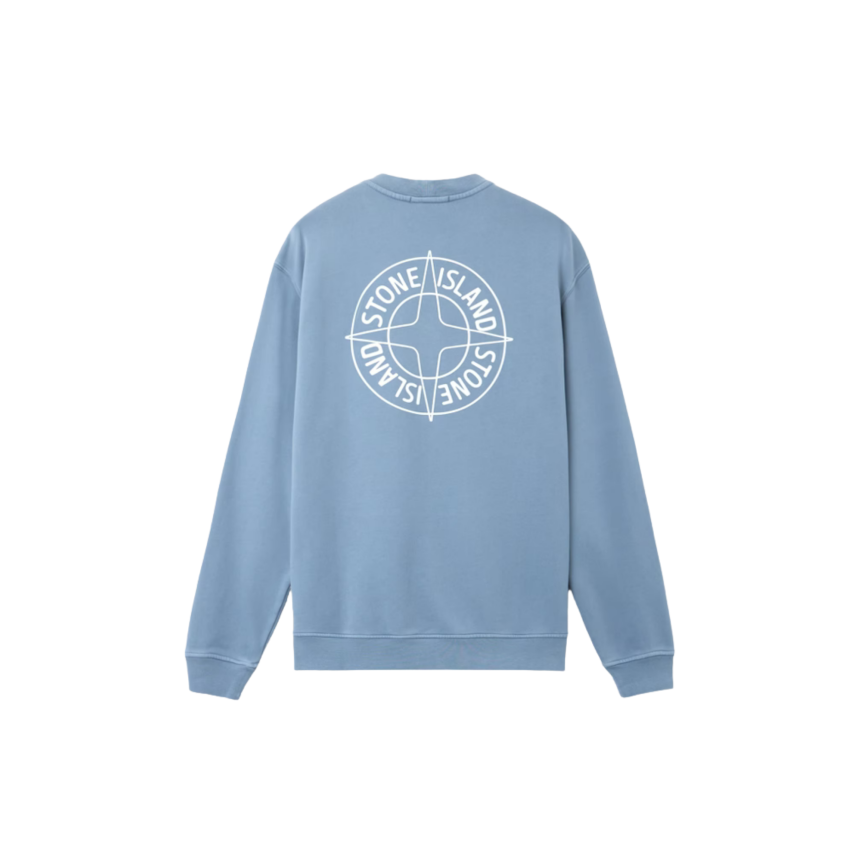 Sweat-shirt col rond coton bleu jeans imprimé « Outline Compass » boussole dos blanc
