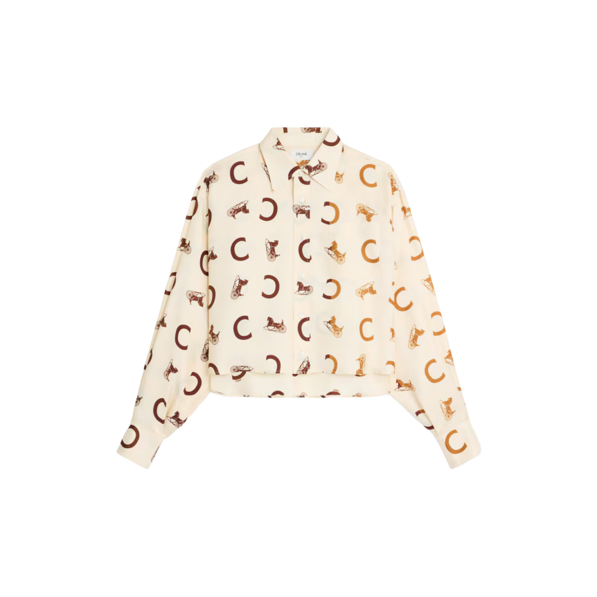 Chemise courte CELINE manche longue soie beige nude imprimé C Calèche