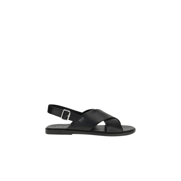 Sandale croisé PRADA cuir brossé noir bride arrière logo triangle