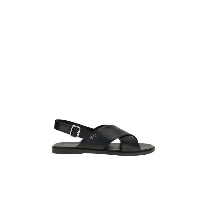 Sandale croisé PRADA cuir brossé noir bride arrière logo triangle