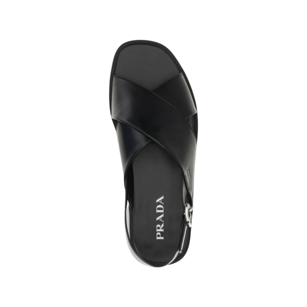 Sandale croisé PRADA cuir brossé noir bride arrière logo triangle