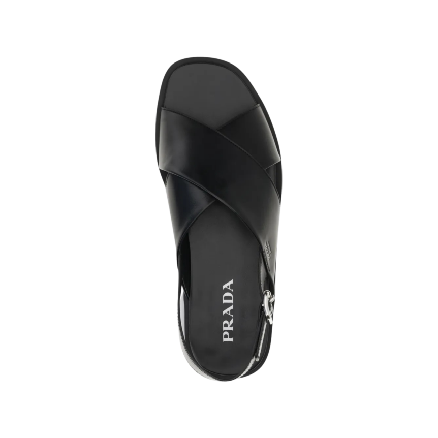 Sandale croisé PRADA cuir brossé noir bride arrière logo triangle
