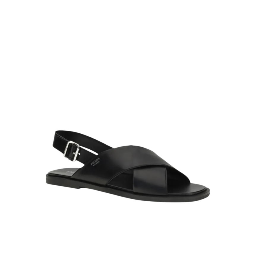 Sandale croisé PRADA cuir brossé noir bride arrière logo triangle