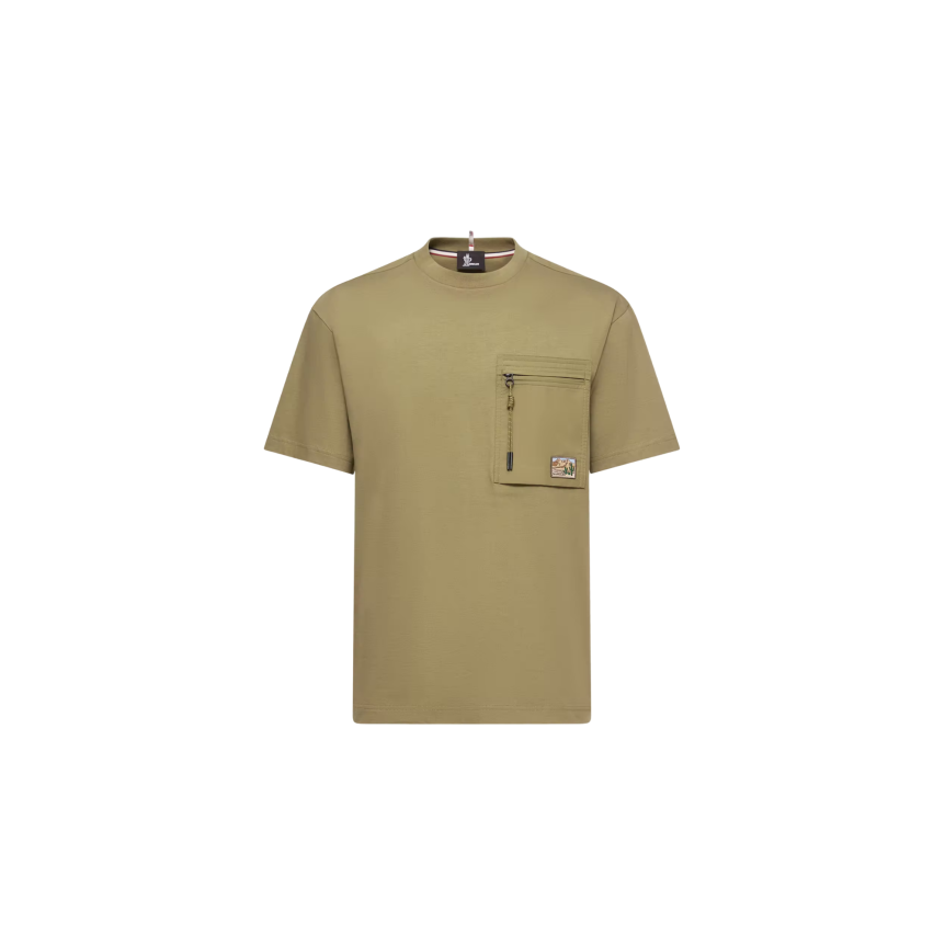 T-shirt col rond coton vert olive MONCLER nylon poche zippée Moncler Grenoble