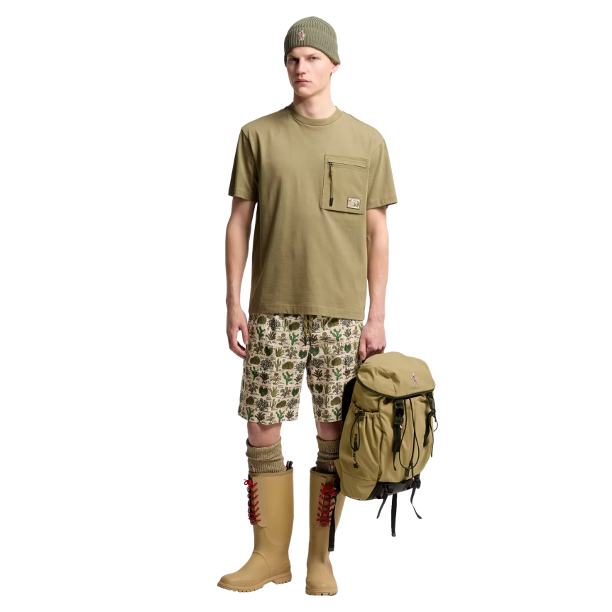 T-shirt col rond coton vert olive MONCLER nylon poche zippée Moncler Grenoble