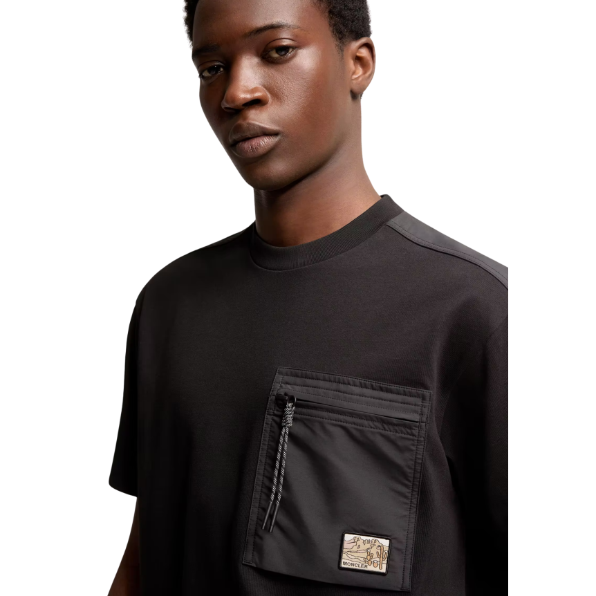 T-shirt col rond MONCLER coton noir nylon poche zippée Moncler Grenoble