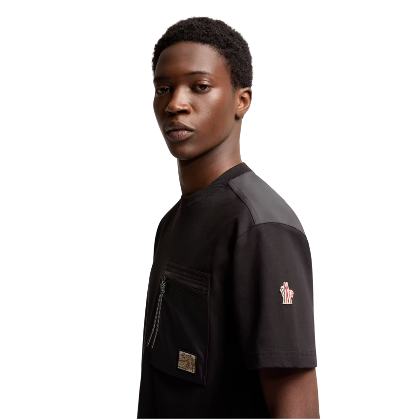 T-shirt col rond MONCLER coton noir nylon poche zippée Moncler Grenoble