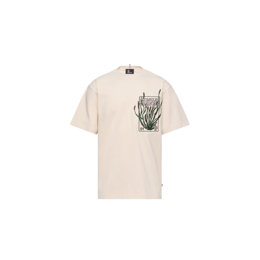 T-shirt manche courte MONCLER col coton écru imprimé plantes Moncler Grenoble