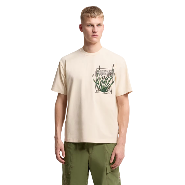 T-shirt manche courte MONCLER col coton écru imprimé plantes Moncler Grenoble