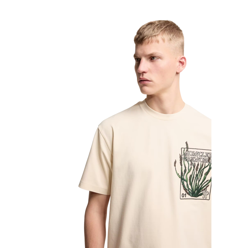 T-shirt manche courte MONCLER col coton écru imprimé plantes Moncler Grenoble