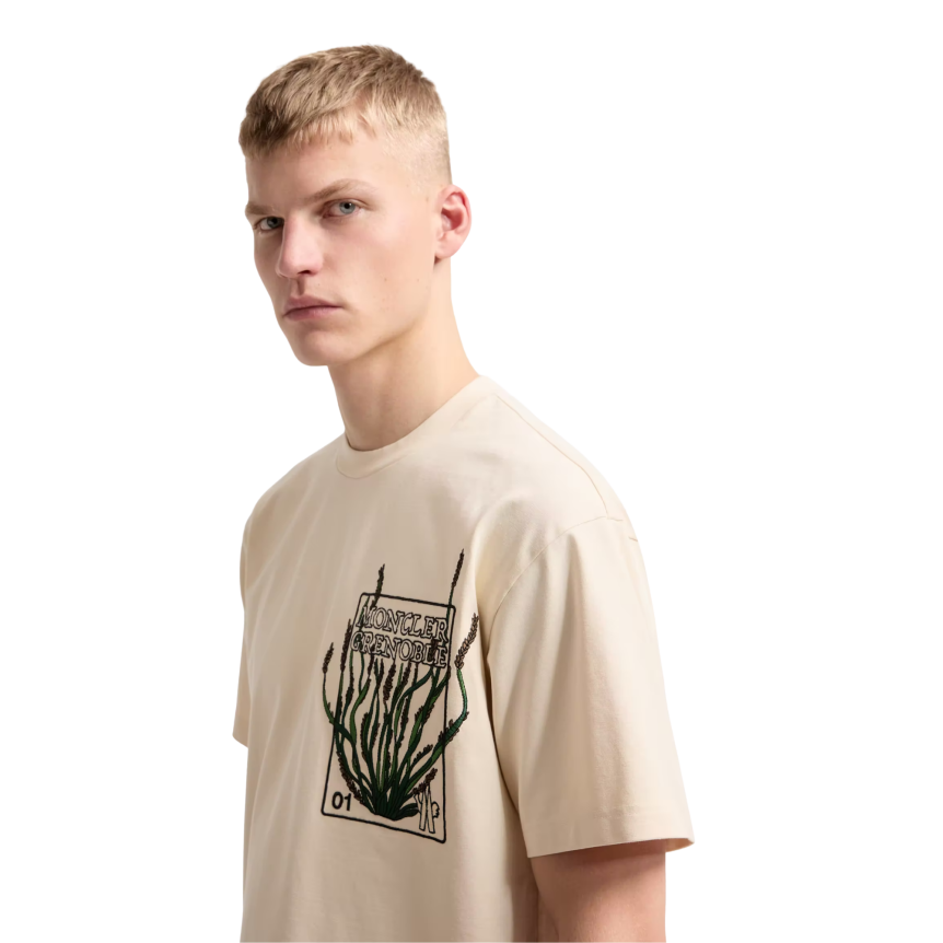 T-shirt manche courte MONCLER col coton écru imprimé plantes Moncler Grenoble