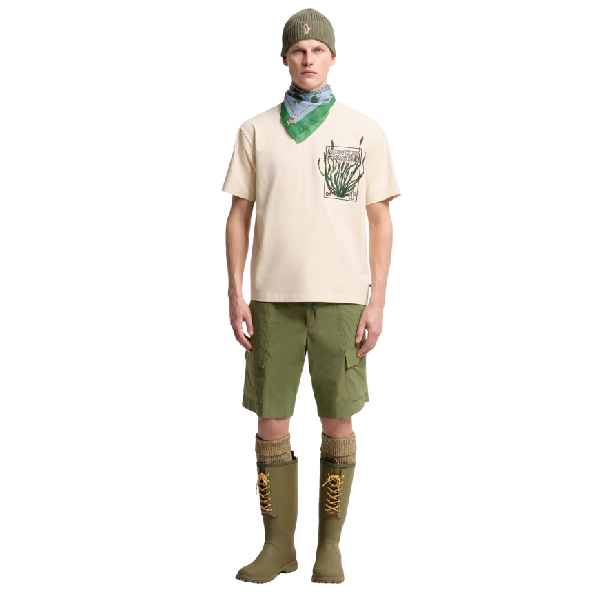 T-shirt manche courte MONCLER col coton écru imprimé plantes Moncler Grenoble