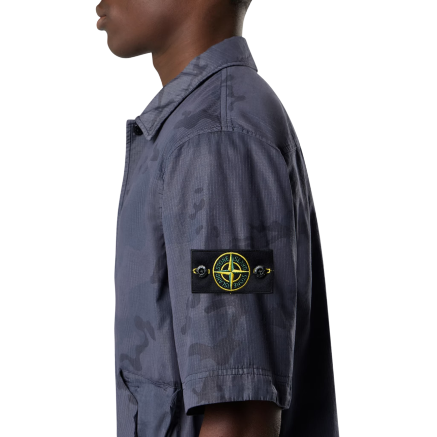 Surchemise manche courte STONE ISLAND coton gris bleuté camouflage