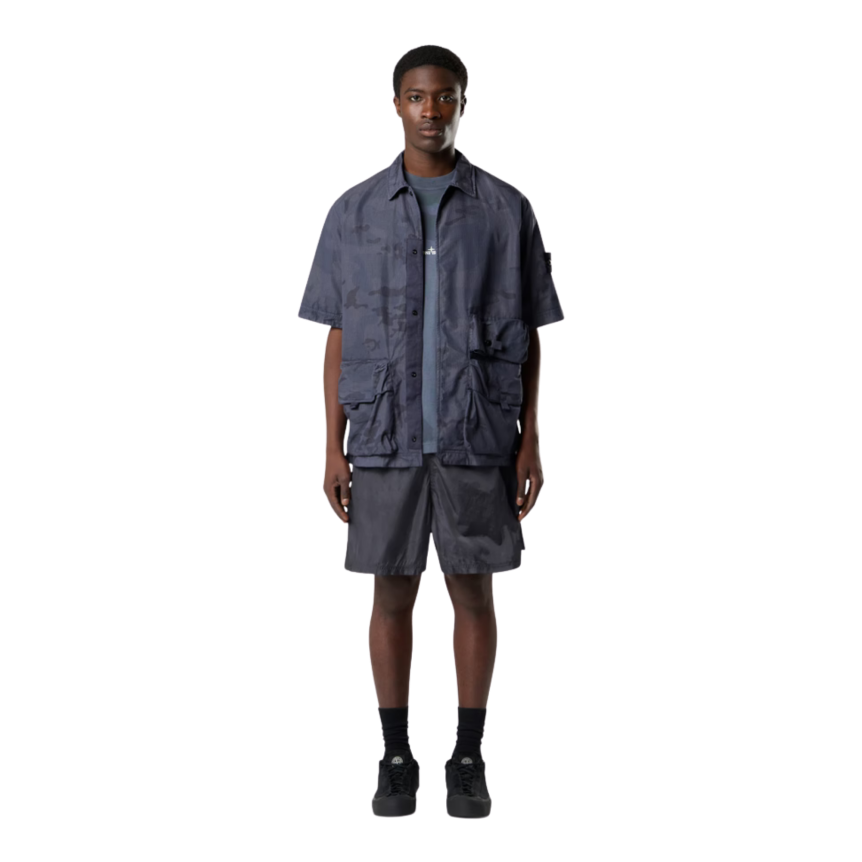Surchemise manche courte STONE ISLAND coton gris bleuté camouflage