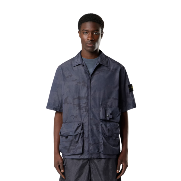Surchemise manche courte STONE ISLAND coton gris bleuté camouflage