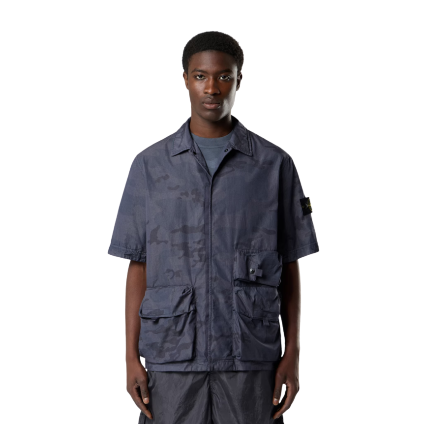 Surchemise manche courte STONE ISLAND coton gris bleuté camouflage