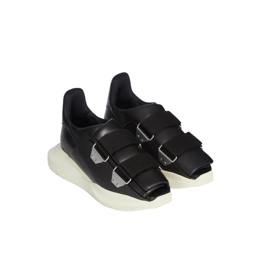 Basket sneaker RICK OWENS Burritogeth SS26 Temple cuir grainé noir sangles semelle blanche