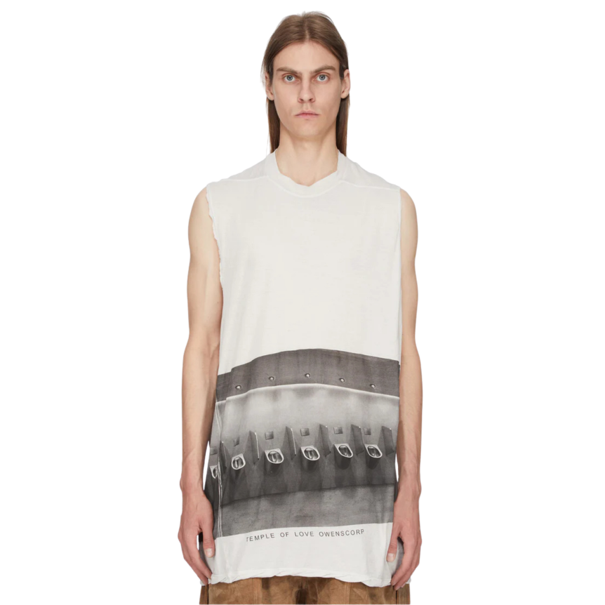 Top Débardeur RICK OWENS Jumbo SS26 Temple jersey coton blanc sali imprimé urinoir