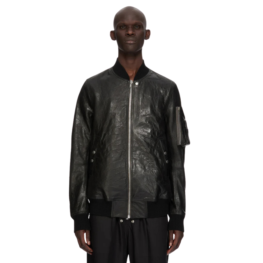 Blouson bomber long RICK OWENS Classic Flight SS26 Temple cuir agneau noir