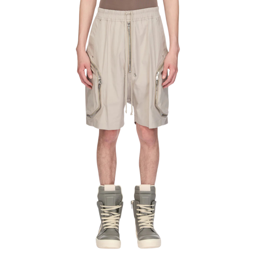 Short Cargo RICK OWENS Heizer Bela SS26 Temple coton beige multi poches zippées