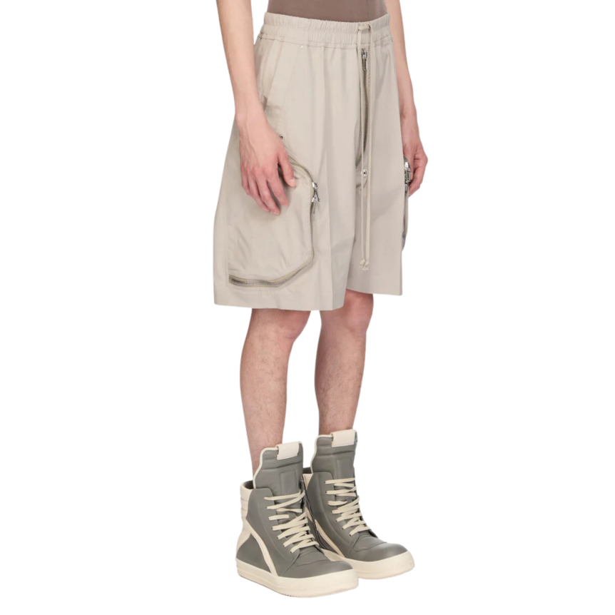 Short Cargo RICK OWENS Heizer Bela SS26 Temple coton beige multi poches zippées