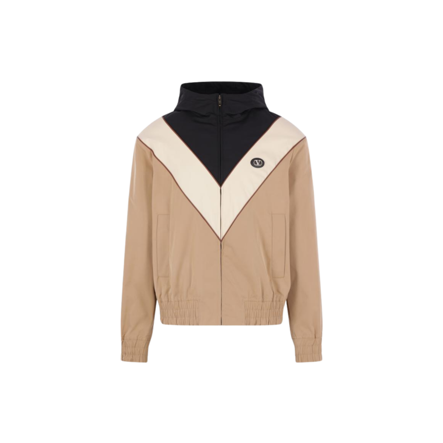 veste zippée à capuche VALENTINO nylon beige écru col noir