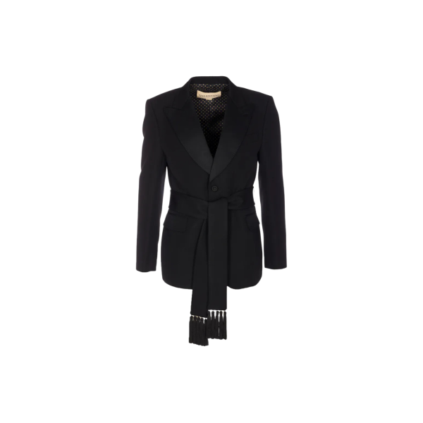 Blazer smoking VALENTINO laine noire ceinture écharpe franges